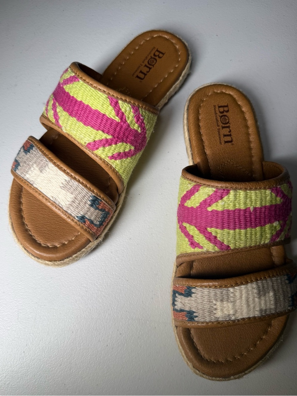 Born Women’s Leather Dual Strap Slide Sandals in Pink and Yellow